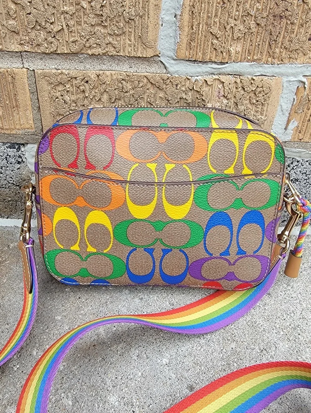 Coach Khaki Rainbow Signature Mini Camera Crossbody C4227